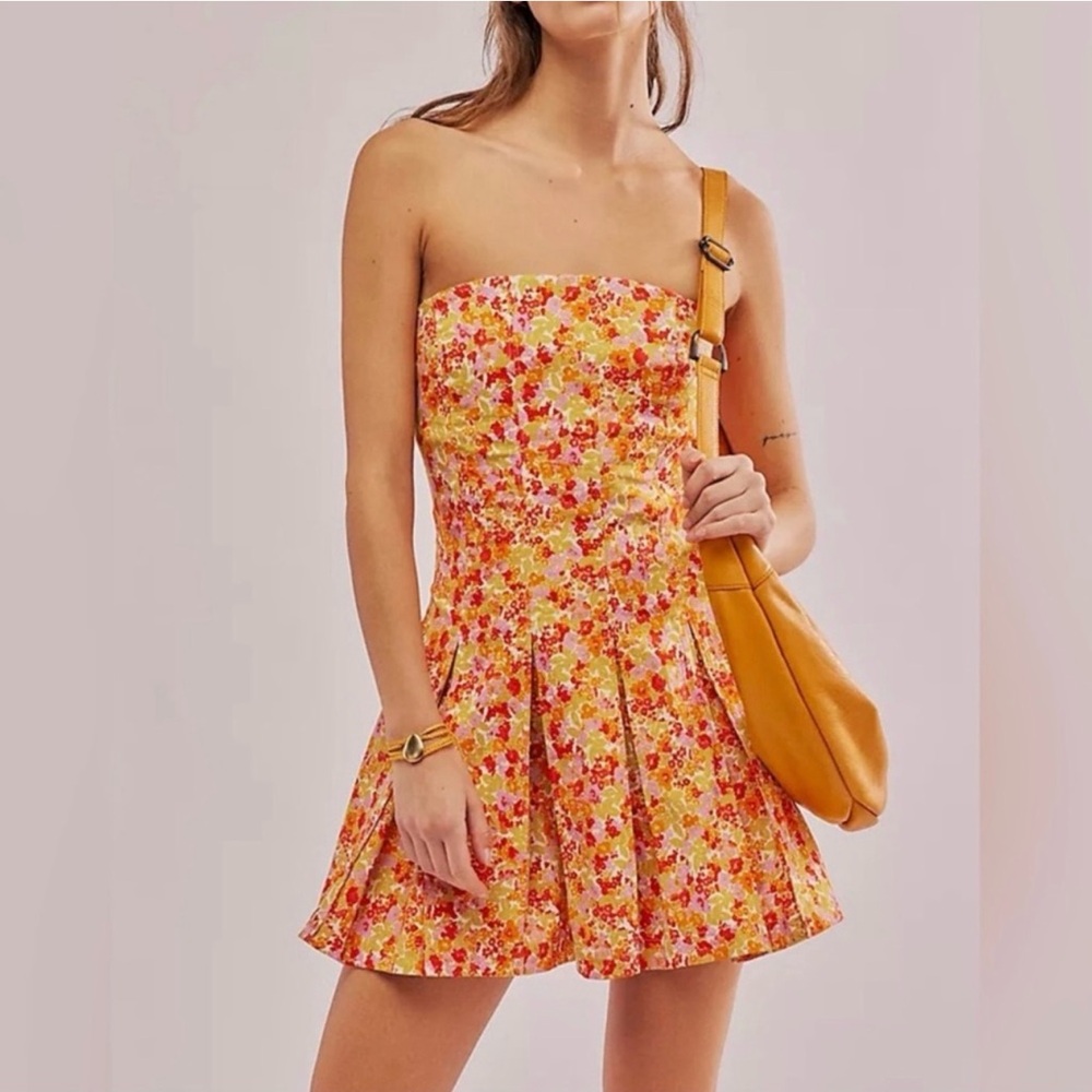 Free People Made Me Smile Orange Yellow Strapless Mini Sundress